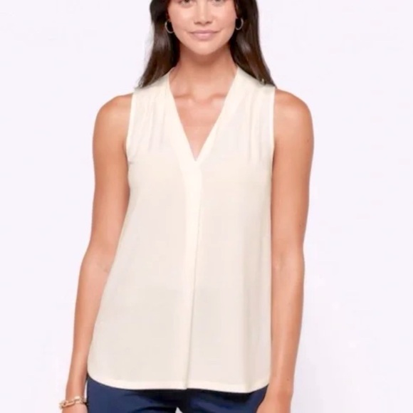 Loft shirt - cream sleeveless open v-neck mixed media - Picture 1 of 5